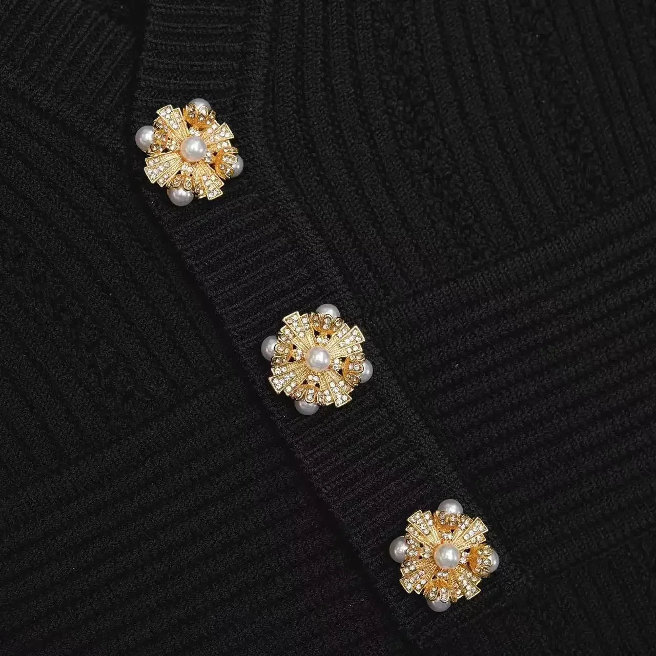 Women's Black Slim Cardigan – Elegant Rhinestone Pearl Buttons