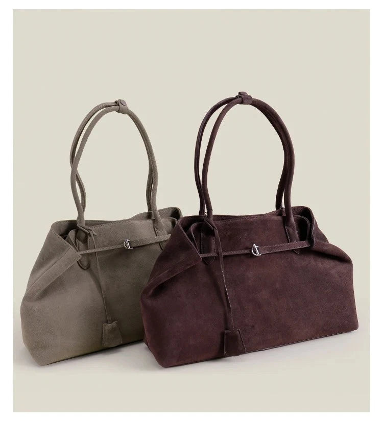 Luxury European-Style Suede Tote – Oversized Matte Cowhide Leather Shoulder Bag