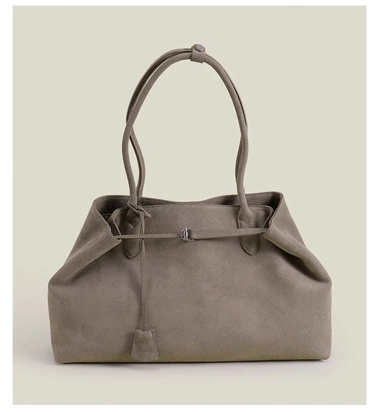 Luxury European-Style Suede Tote – Oversized Matte Cowhide Leather Shoulder Bag