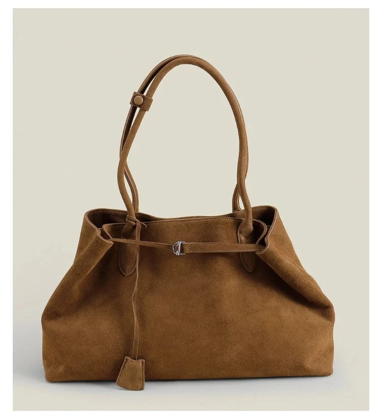 Luxury European-Style Suede Tote – Oversized Matte Cowhide Leather Shoulder Bag