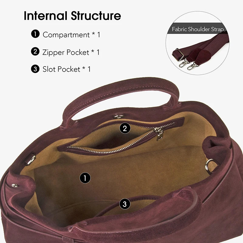 Burgundy Suede Handbag | Large Capacity Tote for Women