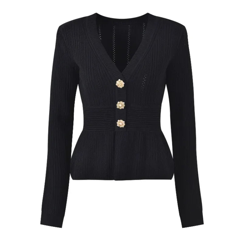 Women's Black Slim Cardigan – Elegant Rhinestone Pearl Buttons