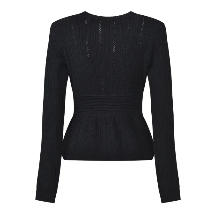 Women's Black Slim Cardigan – Elegant Rhinestone Pearl Buttons