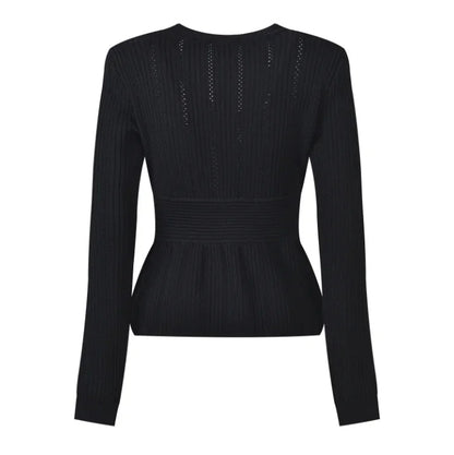 Women's Black Slim Cardigan – Elegant Rhinestone Pearl Buttons