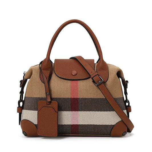 Retro Plaid Handbag – Canvas & Leather Stitching