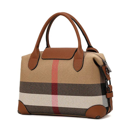 Retro Plaid Handbag – Canvas & Leather Stitching