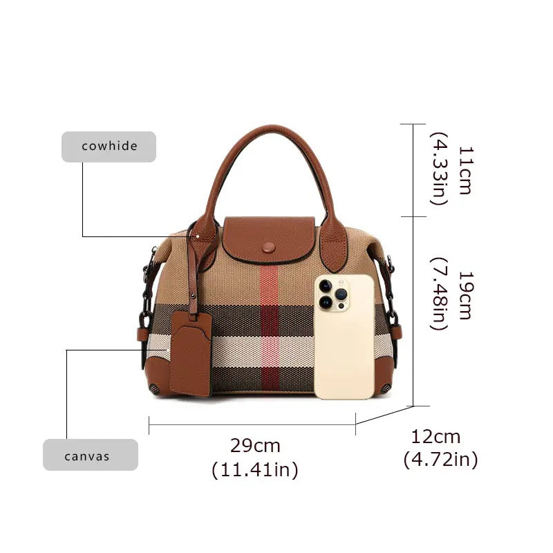Retro Plaid Handbag – Canvas & Leather Stitching