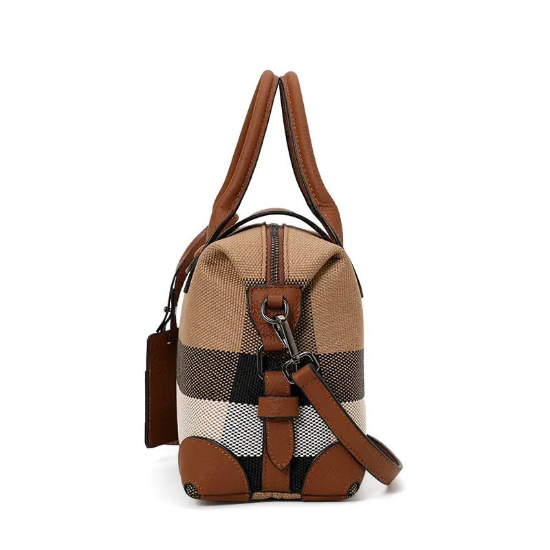 Retro Plaid Handbag – Canvas & Leather Stitching
