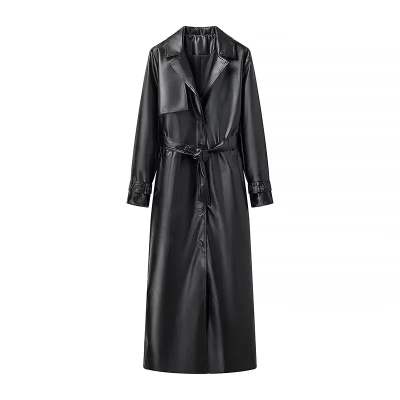 Women’s Luxury Vegan Leather Trench Coat – Belted Vintage Windbreaker for Winter and Spring