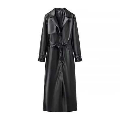 Women’s Luxury Vegan Leather Trench Coat – Belted Vintage Windbreaker for Winter and Spring