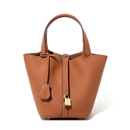Essence New York Women's Checkered Bucket Picotin Handbag – Genuine Leather, Elegant Design