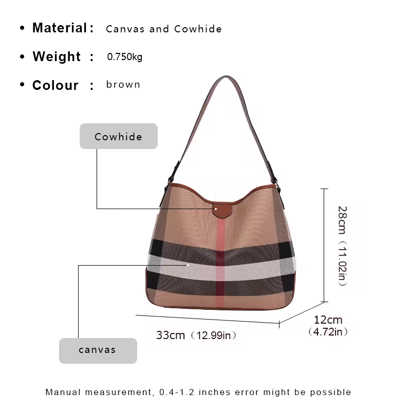 Stylish Canvas & Cowhide Underarm Shoulder Bag – Large Capacity