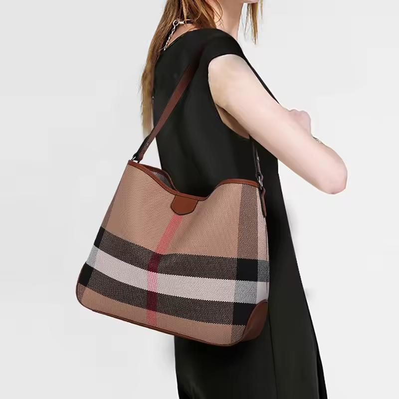 Stylish Canvas & Cowhide Underarm Shoulder Bag – Large Capacity