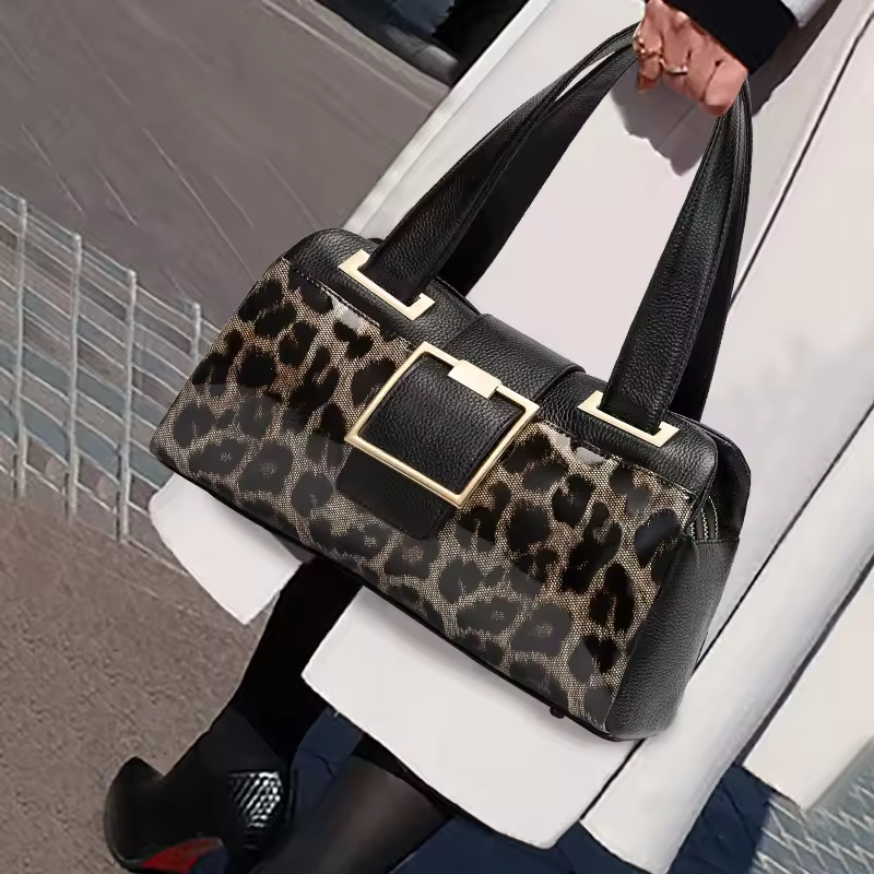 Classic Leopard Cowhide Crossbody Boston Bag – Chic & Stylish