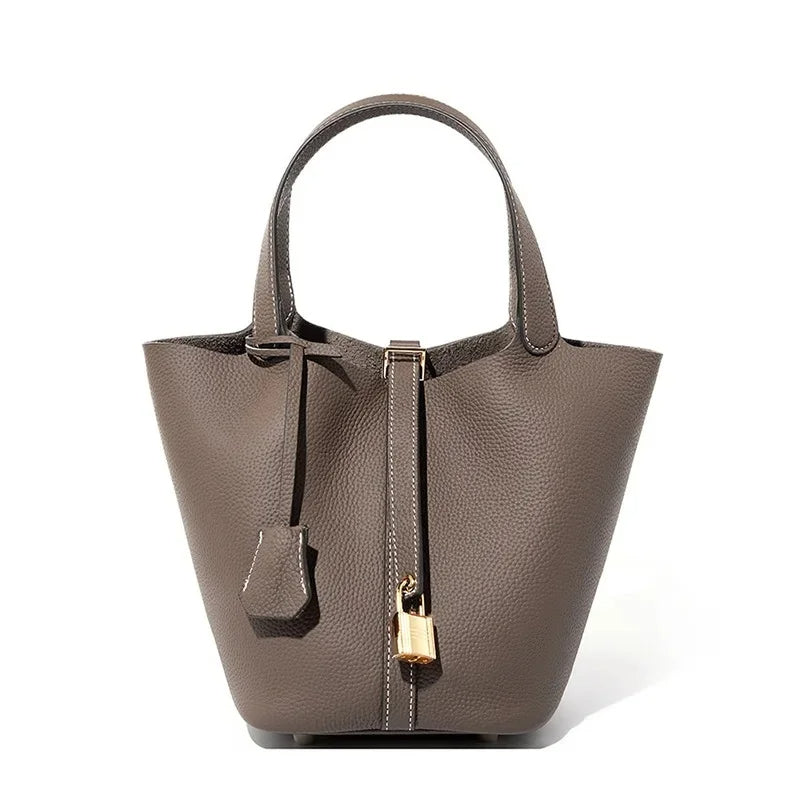 Essence New York Women's Checkered Bucket Picotin Handbag – Genuine Leather, Elegant Design