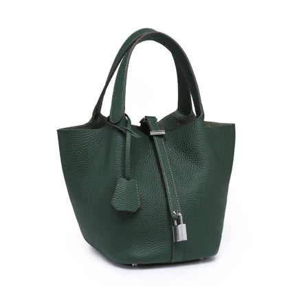 Essence New York Women's Checkered Bucket Picotin Handbag – Genuine Leather, Elegant Design