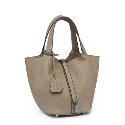 Essence New York Women's Checkered Bucket Picotin Handbag – Genuine Leather, Elegant Design