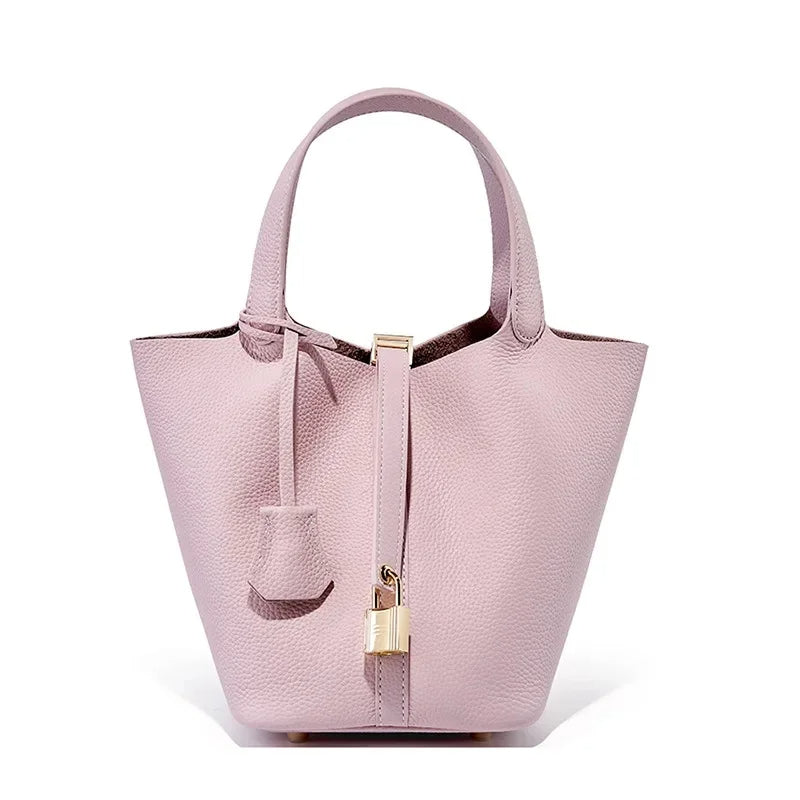 Essence New York Women's Checkered Bucket Picotin Handbag – Genuine Leather, Elegant Design