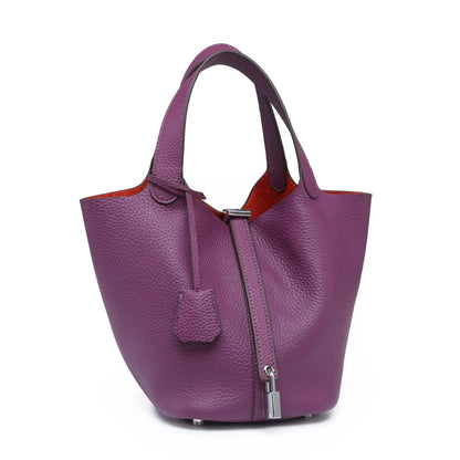 Essence New York Women's Checkered Bucket Picotin Handbag – Genuine Leather, Elegant Design