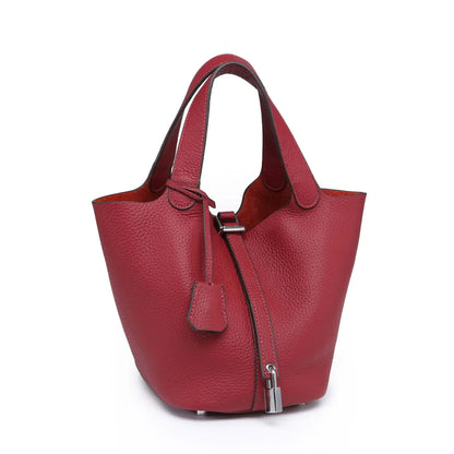 Essence New York Women's Checkered Bucket Picotin Handbag – Genuine Leather, Elegant Design