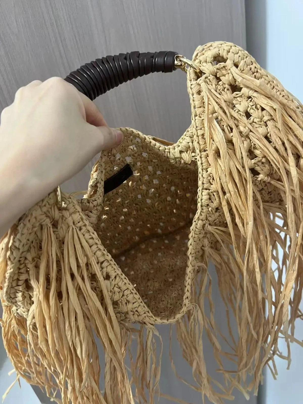 Boho Fringe Straw Beach Tote – Hollow Woven Shoulder Bag for Women | Large