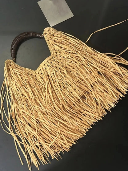 Boho Fringe Straw Beach Tote – Hollow Woven Shoulder Bag for Women | Large