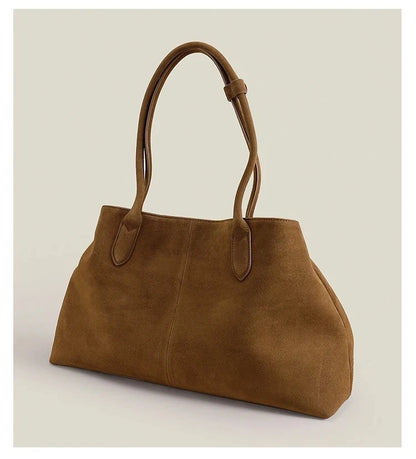 Luxury European-Style Suede Tote – Oversized Matte Cowhide Leather Shoulder Bag