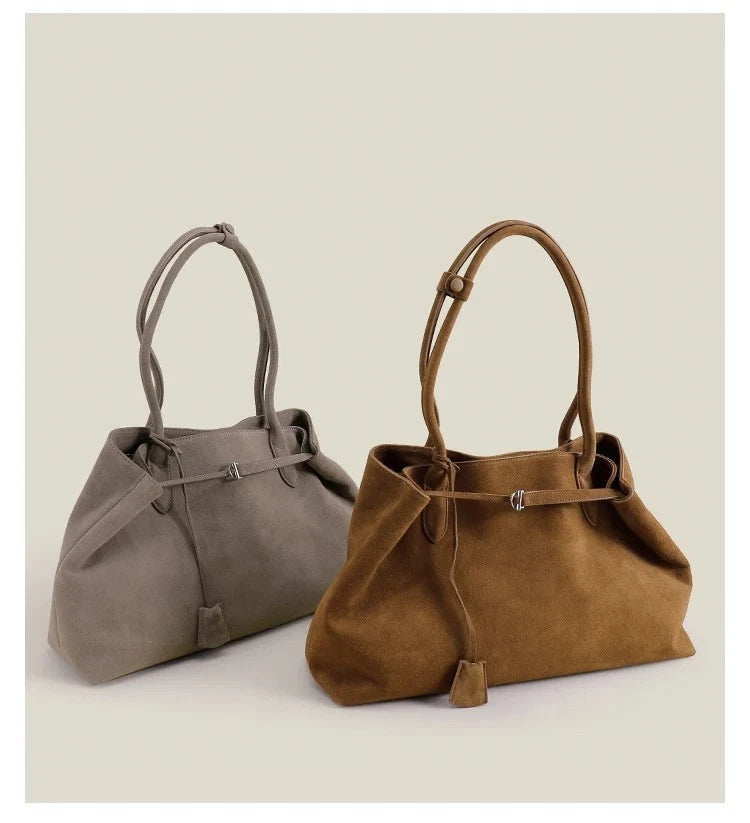 Luxury European-Style Suede Tote – Oversized Matte Cowhide Leather Shoulder Bag