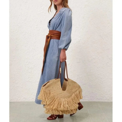 Large Capacity Woven Raffia Handbag Luxury Tote with Tassel Detail