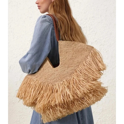 Large Capacity Woven Raffia Handbag Luxury Tote with Tassel Detail