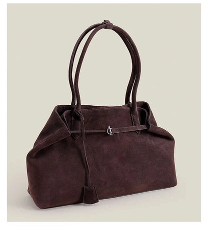 Luxury European-Style Suede Tote – Oversized Matte Cowhide Leather Shoulder Bag