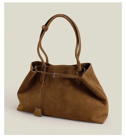 Luxury European-Style Suede Tote – Oversized Matte Cowhide Leather Shoulder Bag