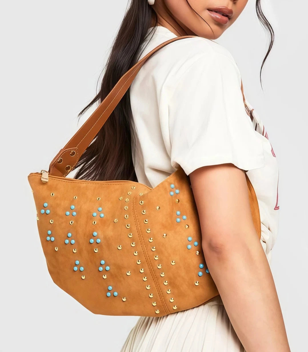 Vintage Gemstone-Inlaid Frosted vegan leather 2025 Shoulder Bag western cowboy