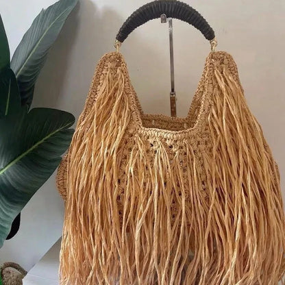 Boho Fringe Straw Beach Tote – Hollow Woven Shoulder Bag for Women | Large