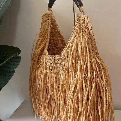 Boho Fringe Straw Beach Tote – Hollow Woven Shoulder Bag for Women | Large