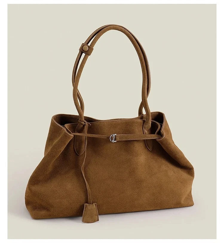 Luxury European-Style Suede Tote – Oversized Matte Cowhide Leather Shoulder Bag