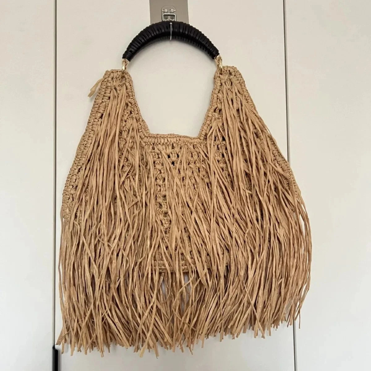 Boho Fringe Straw Beach Tote – Hollow Woven Shoulder Bag for Women | Large