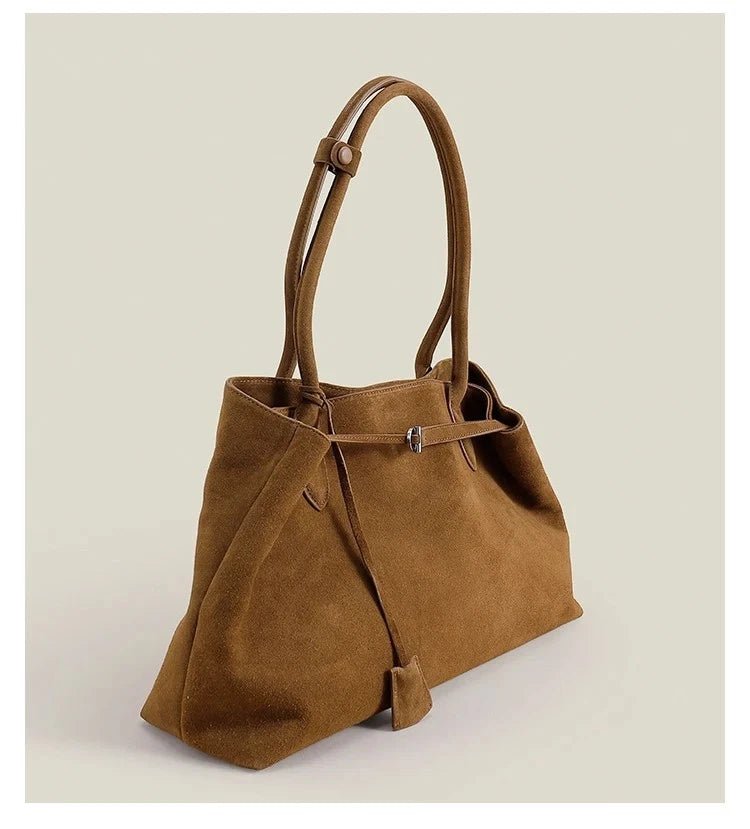 Luxury European-Style Suede Tote – Oversized Matte Cowhide Leather Shoulder Bag